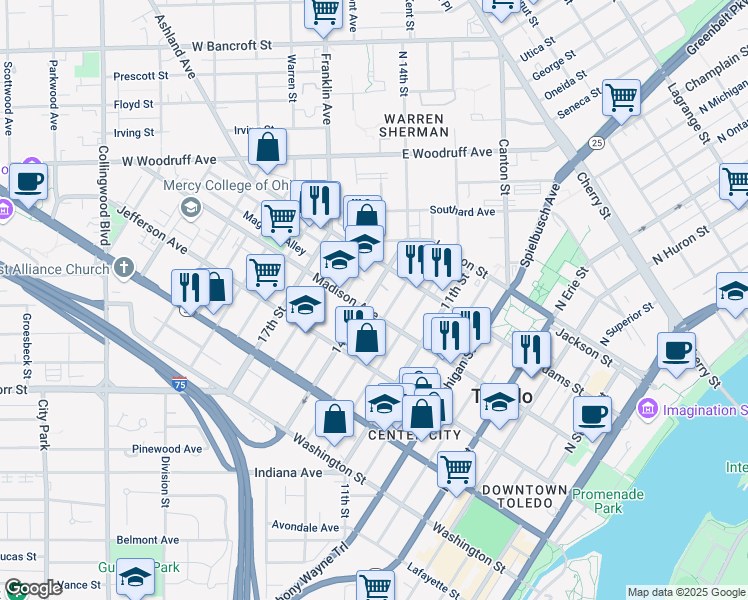 map of restaurants, bars, coffee shops, grocery stores, and more near 333 14th Street in Toledo