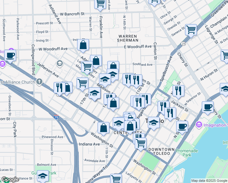 map of restaurants, bars, coffee shops, grocery stores, and more near 333 14th Street in Toledo