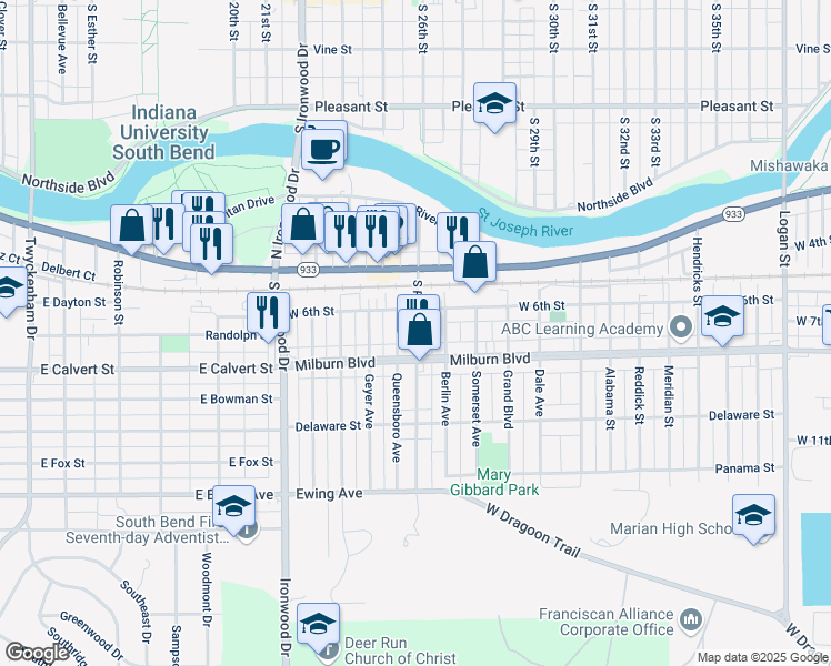 map of restaurants, bars, coffee shops, grocery stores, and more near 2505 West 6th Street in Mishawaka