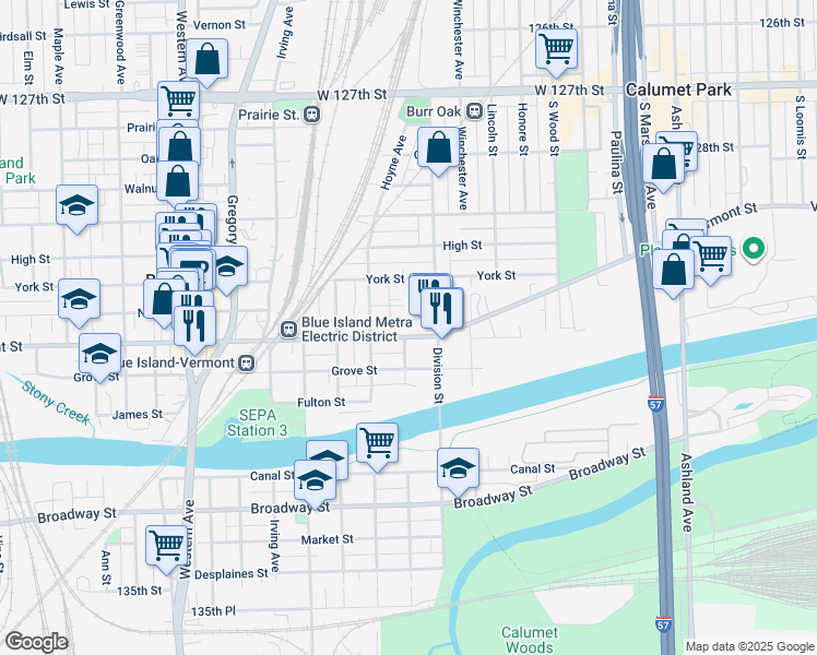 map of restaurants, bars, coffee shops, grocery stores, and more near 13027 New Street in Blue Island