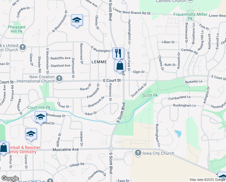 map of restaurants, bars, coffee shops, grocery stores, and more near 417 South Scott Boulevard in Iowa City