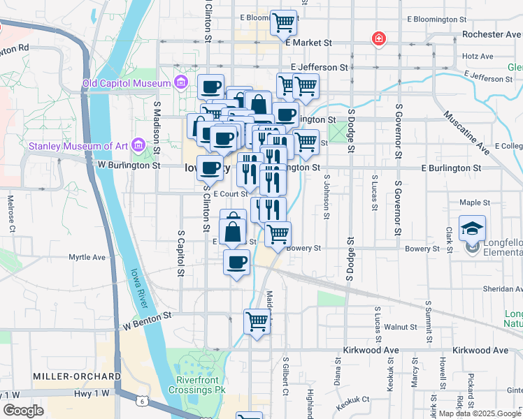 map of restaurants, bars, coffee shops, grocery stores, and more near 402 South Linn Street in Iowa City