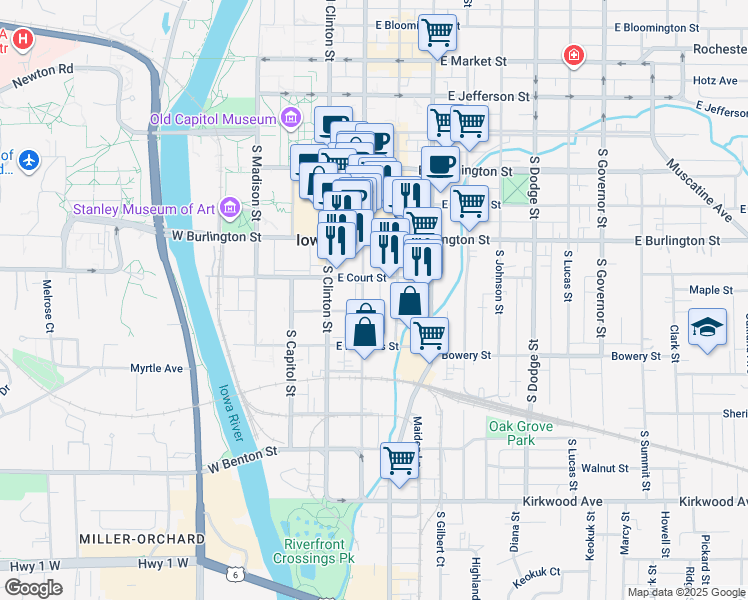 map of restaurants, bars, coffee shops, grocery stores, and more near in Iowa City