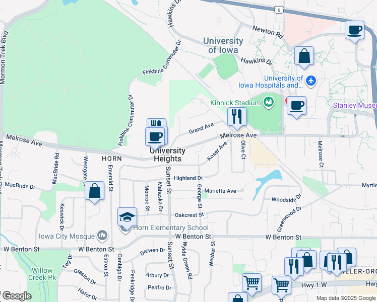 map of restaurants, bars, coffee shops, grocery stores, and more near 1491 Grand Avenue in Iowa City