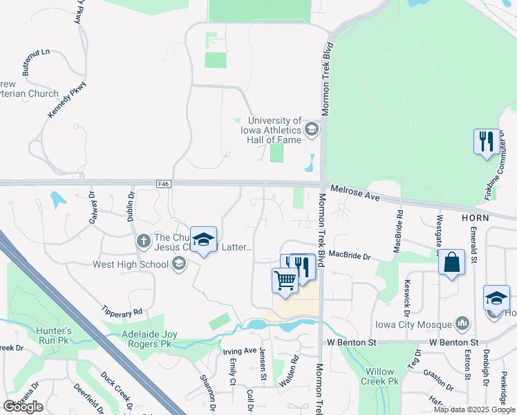 map of restaurants, bars, coffee shops, grocery stores, and more near 326 Willow Wind Place in Iowa City