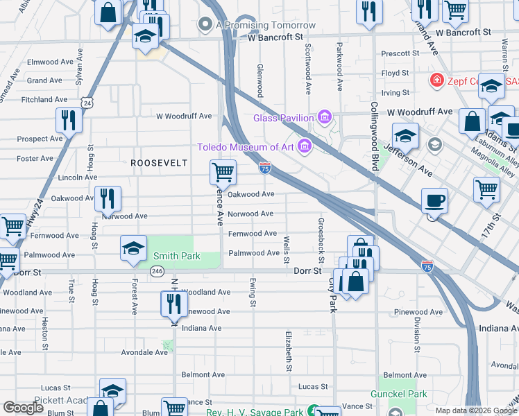 map of restaurants, bars, coffee shops, grocery stores, and more near 803 Oakwood Avenue in Toledo