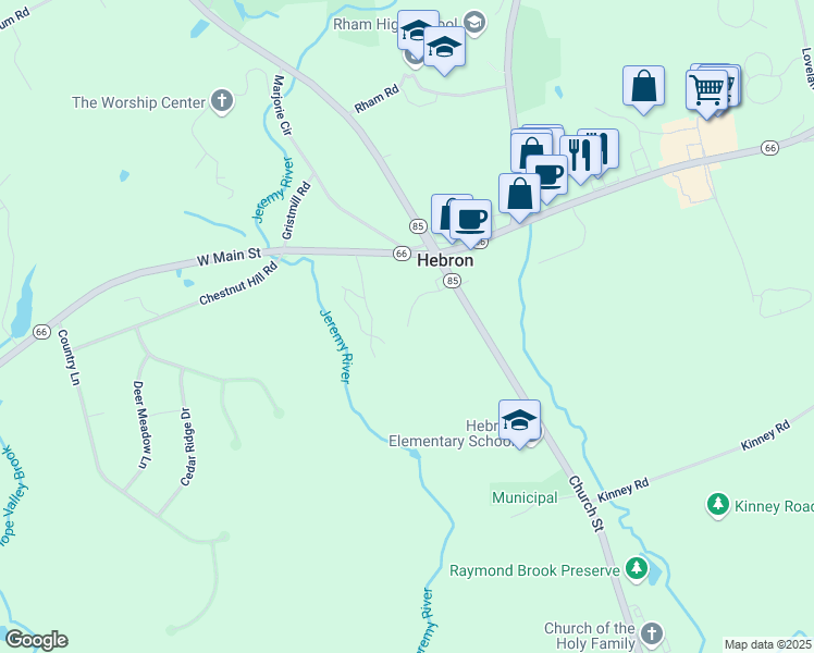 map of restaurants, bars, coffee shops, grocery stores, and more near 20 Stonecroft Drive in Hebron