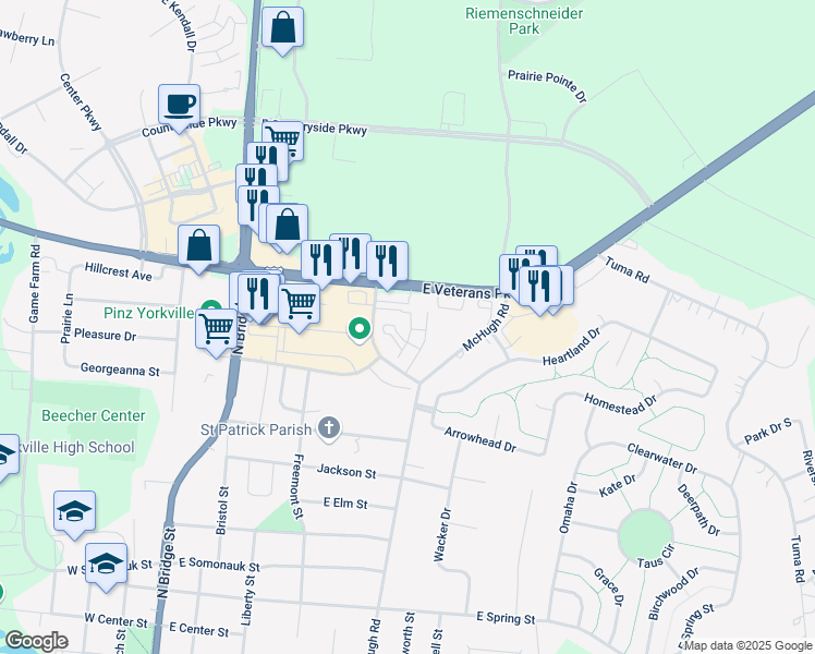 map of restaurants, bars, coffee shops, grocery stores, and more near 1342 Marketplace Drive in Yorkville