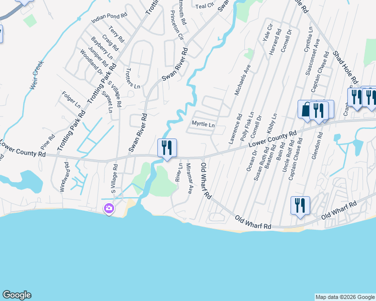 map of restaurants, bars, coffee shops, grocery stores, and more near 40 Lower County Road in Dennis
