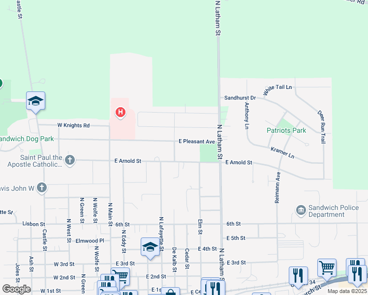 map of restaurants, bars, coffee shops, grocery stores, and more near 521 East Pleasant Avenue in Sandwich