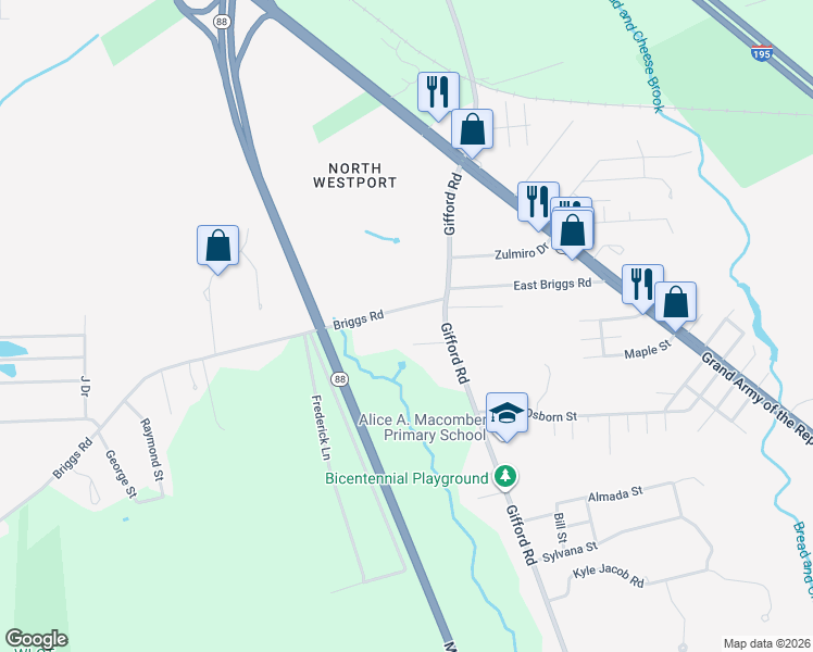 map of restaurants, bars, coffee shops, grocery stores, and more near 20 Briggs Road in Westport