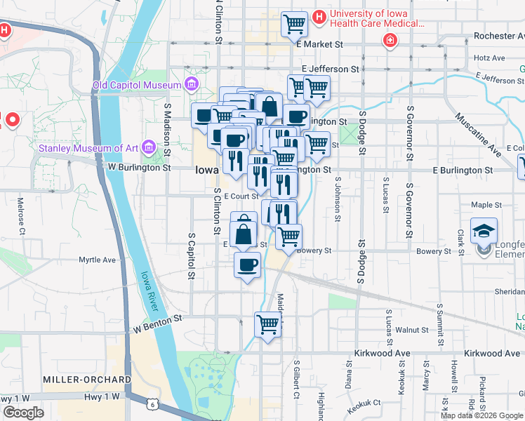 map of restaurants, bars, coffee shops, grocery stores, and more near 435 South Linn Street in Iowa City