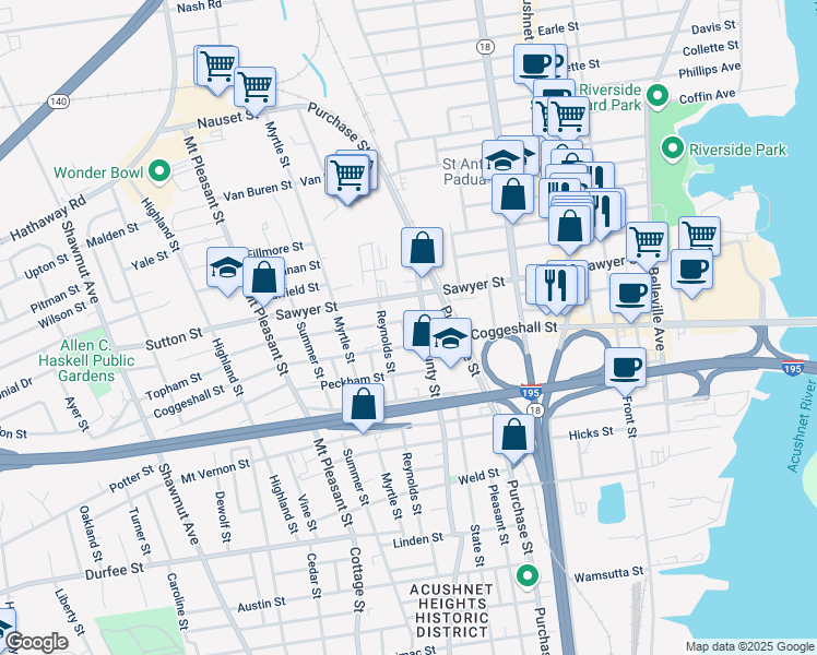 map of restaurants, bars, coffee shops, grocery stores, and more near 14 Adams Street in New Bedford