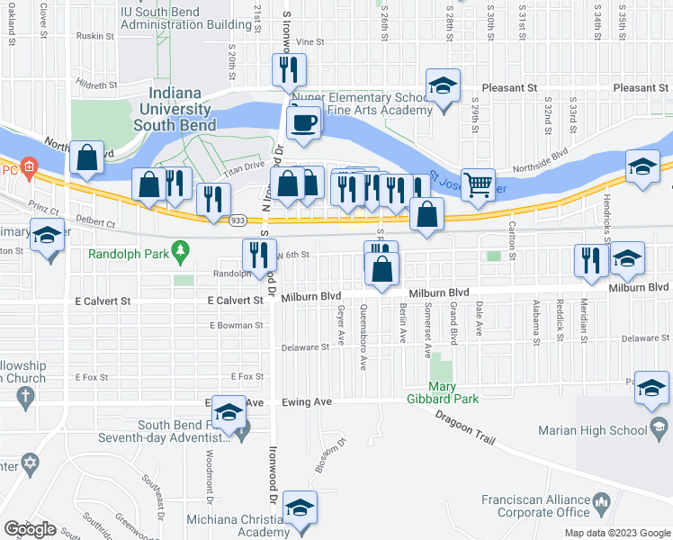 map of restaurants, bars, coffee shops, grocery stores, and more near 521 Geyer Avenue in Mishawaka