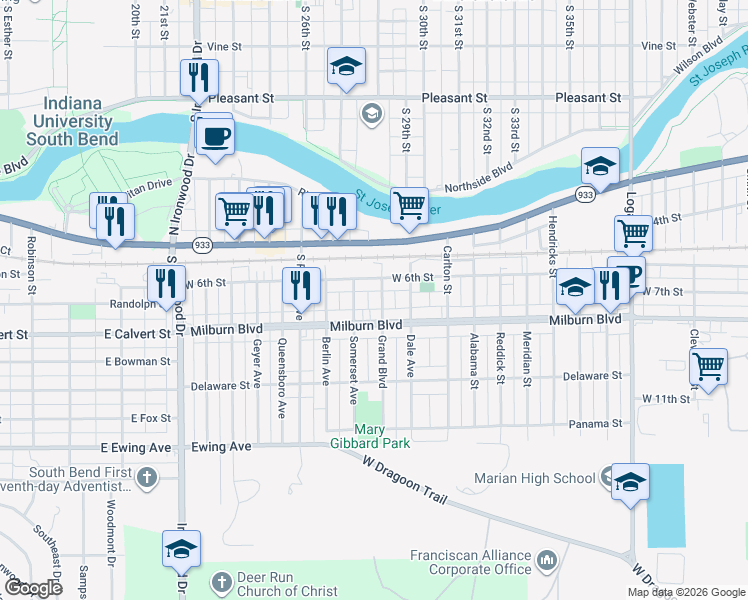 map of restaurants, bars, coffee shops, grocery stores, and more near 502 Somerset Avenue in Mishawaka