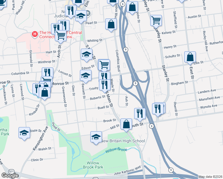 map of restaurants, bars, coffee shops, grocery stores, and more near 317 Maple Street in New Britain