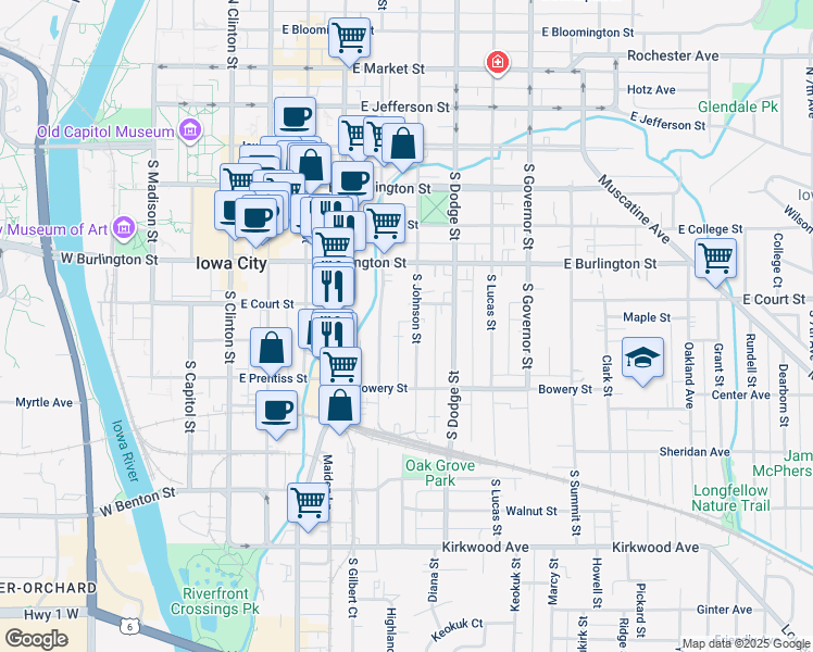 map of restaurants, bars, coffee shops, grocery stores, and more near 419 South Johnson Street in Iowa City