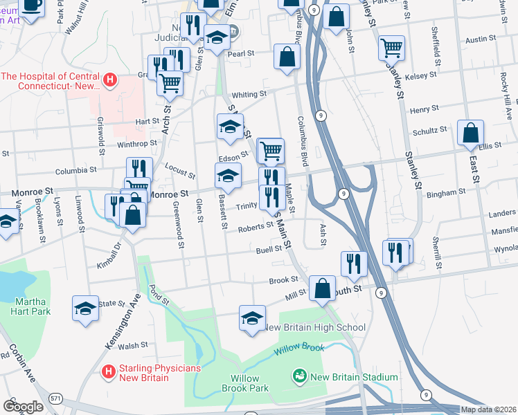 map of restaurants, bars, coffee shops, grocery stores, and more near 297 South Main Street in New Britain