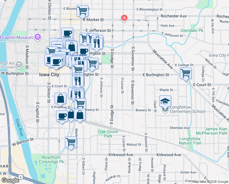 map of restaurants, bars, coffee shops, grocery stores, and more near 342 South Dodge Street in Iowa City