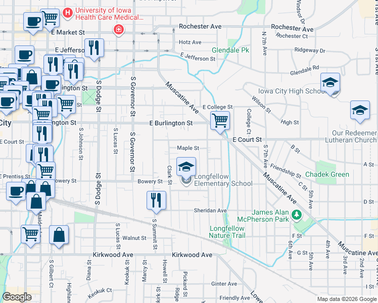 map of restaurants, bars, coffee shops, grocery stores, and more near 1147 East Court Street in Iowa City