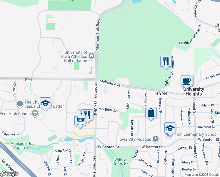 map of restaurants, bars, coffee shops, grocery stores, and more near 310 Finkbine Lane in Iowa City