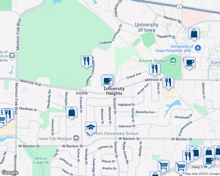 map of restaurants, bars, coffee shops, grocery stores, and more near 1300 Melrose Avenue in Iowa City
