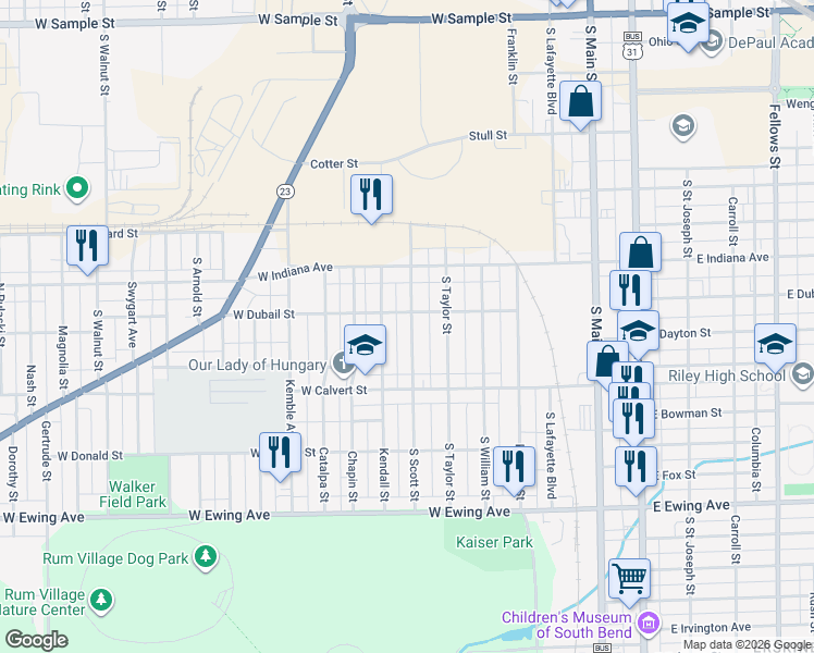 map of restaurants, bars, coffee shops, grocery stores, and more near 1635 South Scott Street in South Bend
