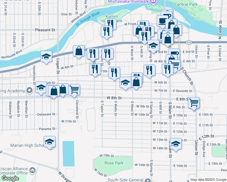 map of restaurants, bars, coffee shops, grocery stores, and more near 513 South Wells Street in Mishawaka