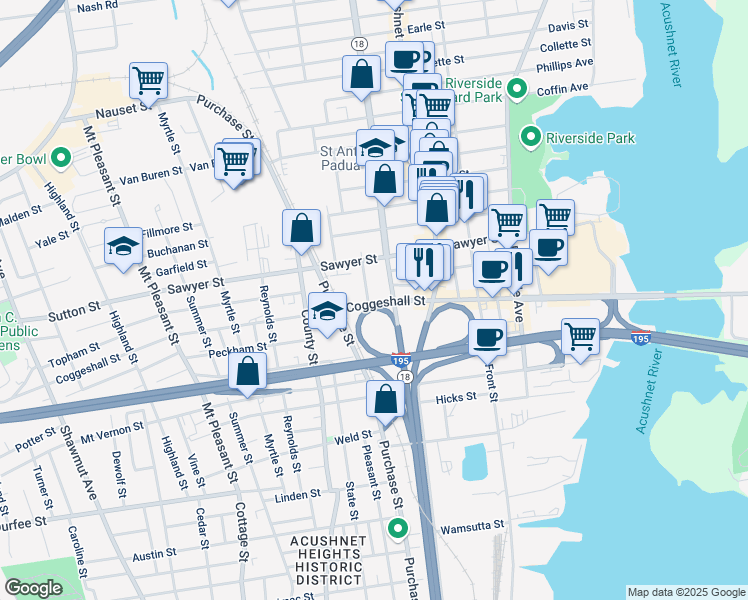 map of restaurants, bars, coffee shops, grocery stores, and more near 13 Jean Street in New Bedford