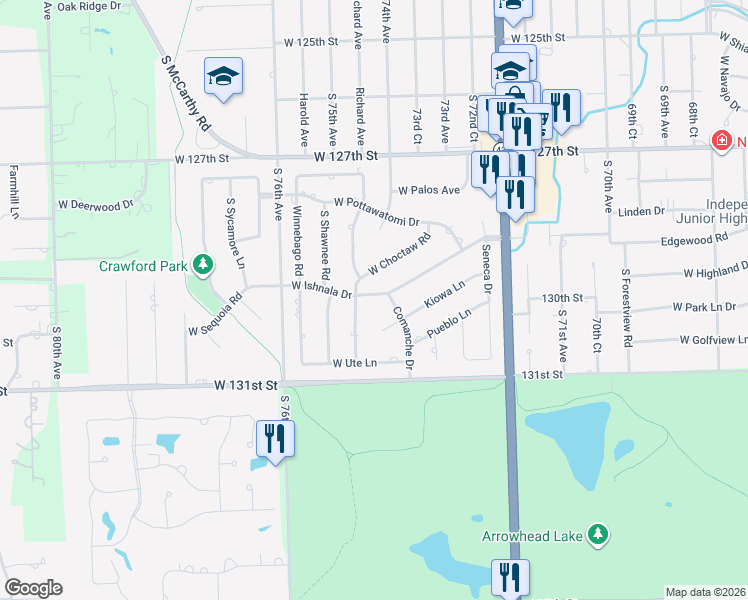 map of restaurants, bars, coffee shops, grocery stores, and more near 7415 West Ishnala Drive in Palos Heights