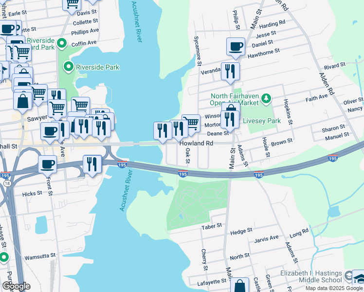 map of restaurants, bars, coffee shops, grocery stores, and more near 32 Howland Road in Fairhaven