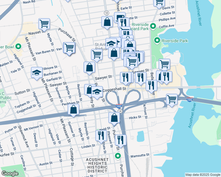 map of restaurants, bars, coffee shops, grocery stores, and more near 13 Jean Street in New Bedford