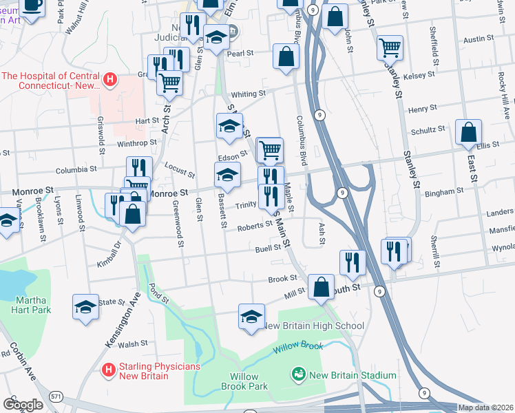 map of restaurants, bars, coffee shops, grocery stores, and more near 297 South Main Street in New Britain