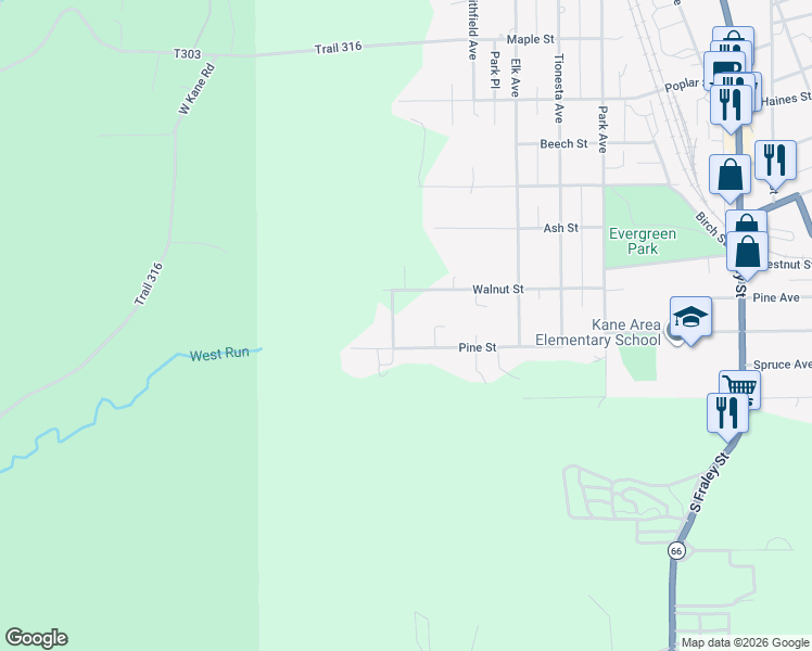 map of restaurants, bars, coffee shops, grocery stores, and more near 413-599 Walnut Street in Kane