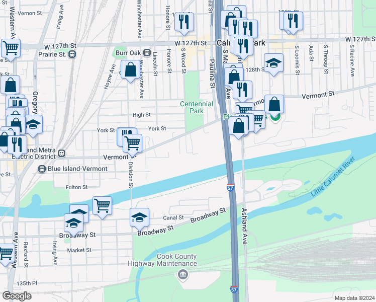 map of restaurants, bars, coffee shops, grocery stores, and more near 13029 Honore Street in Blue Island
