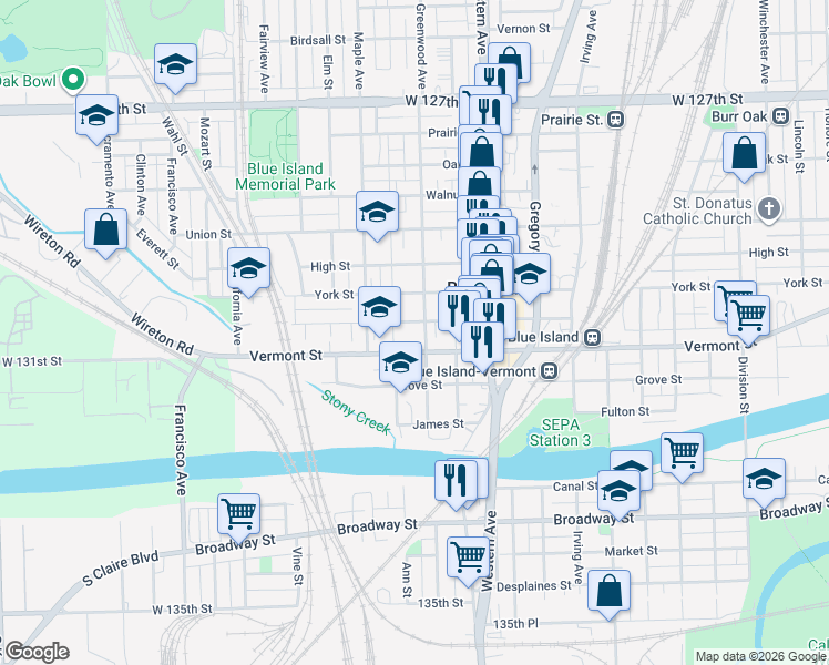 map of restaurants, bars, coffee shops, grocery stores, and more near 2458 New Street in Blue Island