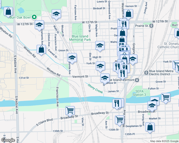 map of restaurants, bars, coffee shops, grocery stores, and more near 2654 New Street in Blue Island
