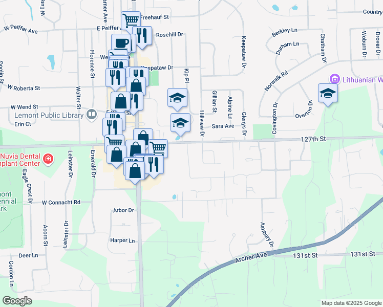 map of restaurants, bars, coffee shops, grocery stores, and more near 15420 East 127th Street in Lemont