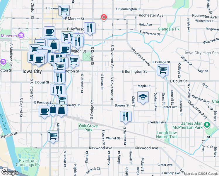 map of restaurants, bars, coffee shops, grocery stores, and more near 402 South Lucas Street in Iowa City