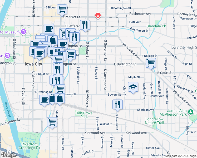 map of restaurants, bars, coffee shops, grocery stores, and more near 402 South Lucas Street in Iowa City