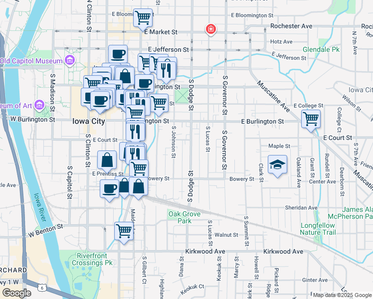 map of restaurants, bars, coffee shops, grocery stores, and more near 342 South Dodge Street in Iowa City