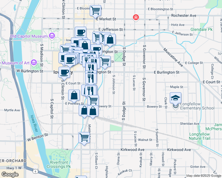 map of restaurants, bars, coffee shops, grocery stores, and more near 404 South Johnson Street in Iowa City