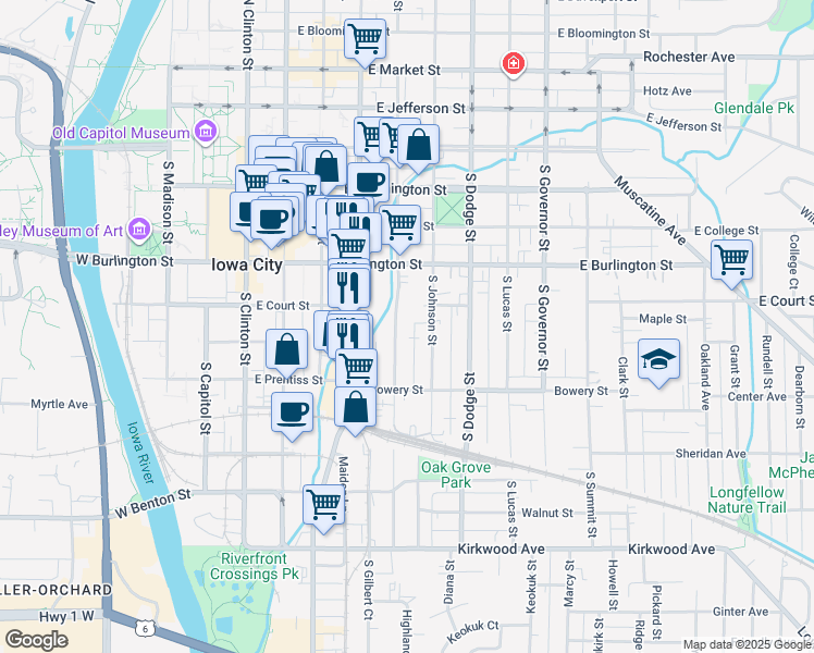 map of restaurants, bars, coffee shops, grocery stores, and more near 404 South Van Buren Street in Iowa City