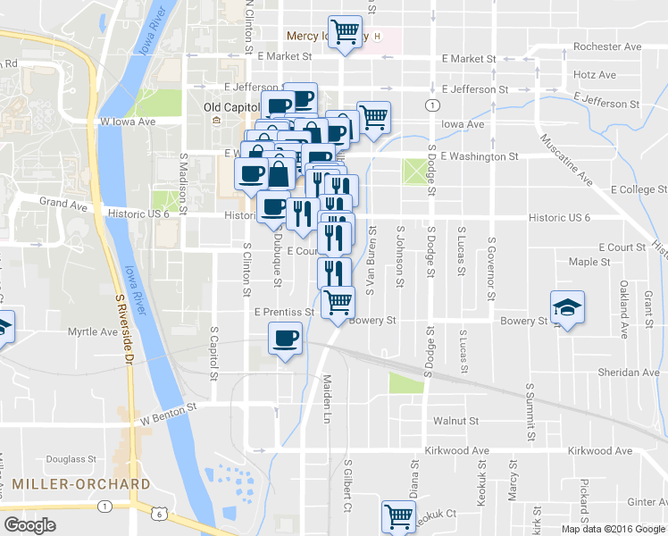 map of restaurants, bars, coffee shops, grocery stores, and more near 404 South Gilbert Street in Iowa City