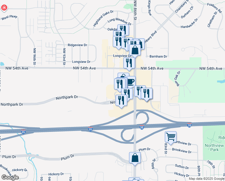 map of restaurants, bars, coffee shops, grocery stores, and more near 8845 Northpark Court in Johnston