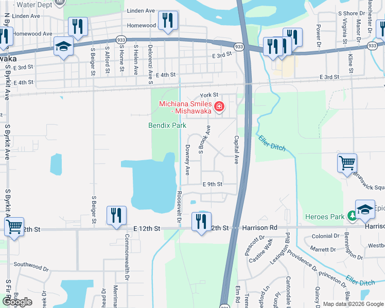 map of restaurants, bars, coffee shops, grocery stores, and more near 501-599 S Brook Ave in Mishawaka