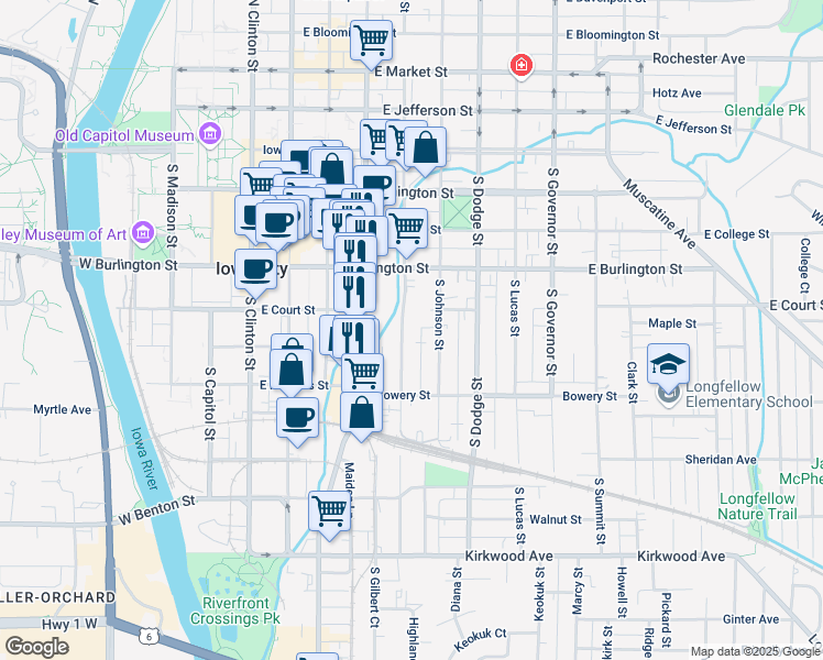 map of restaurants, bars, coffee shops, grocery stores, and more near 418 South Van Buren Street in Iowa City