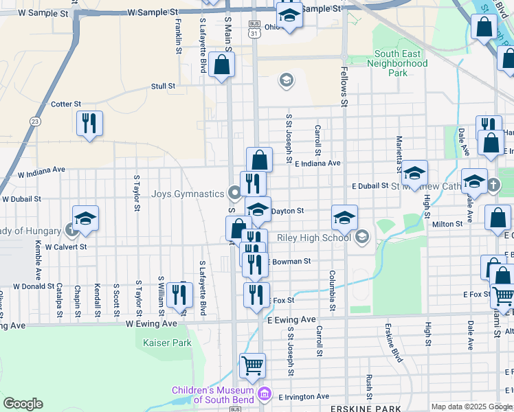 map of restaurants, bars, coffee shops, grocery stores, and more near 1725 S Michigan St in South Bend