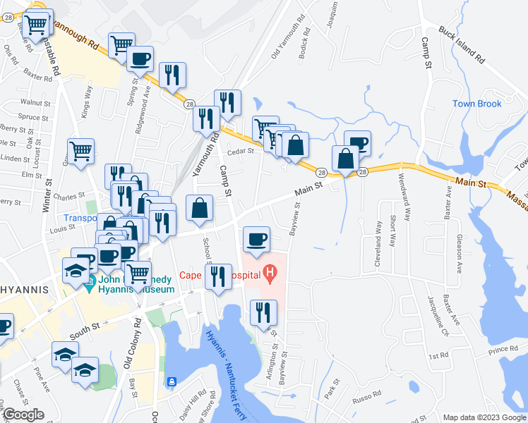map of restaurants, bars, coffee shops, grocery stores, and more near 71 Main Street in Barnstable