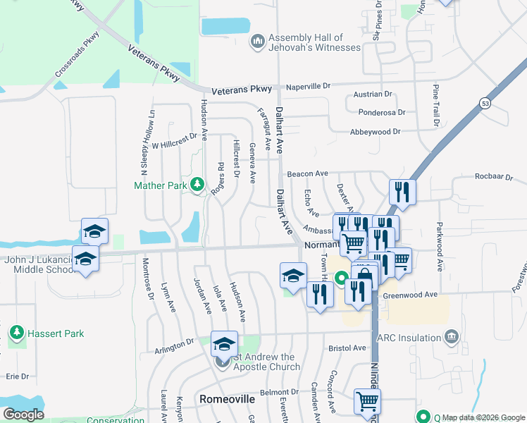 map of restaurants, bars, coffee shops, grocery stores, and more near 110 Arcadia Avenue in Romeoville